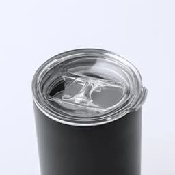 A drink bottle with a black exterior and a clear, transparent lid. It features a logo on the side.
