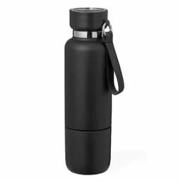 A black drink bottle with a sleek design, featuring a chrome accent and a removable base with a strap.