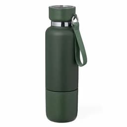 A drink bottle in dark green with a metallic band and a carrying strap, featuring a logo on the side.