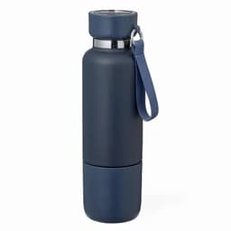 A drink bottle in navy blue with a matte finish and a silver accent, featuring a carry strap.