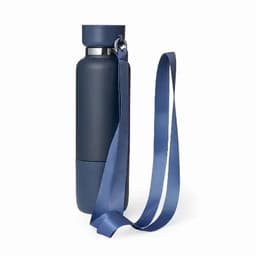 A drink bottle in navy blue with a removable strap and a sleek design. It features a simple logo.