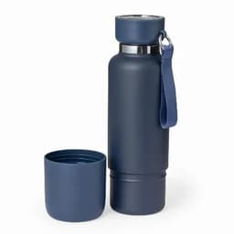 A drink bottle in navy blue with a detachable cup and a carrying strap, featuring a sleek design and silver accents.