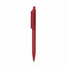 A red pen with a clip, featuring a simple design and a pointed tip. It has a brand logo displayed.