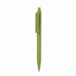 A green pen with a clip, featuring a minimalist design and a smooth writing tip. It has a logo on the barrel.