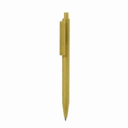 A yellow pen with a simple design, featuring a clip and a pointed tip for writing.