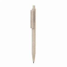 A light beige pen with a textured finish and clip, featuring a rounded tip and a subtle natural design.