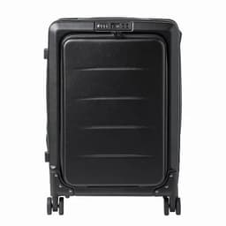 A black suitcase with wheels and a locking mechanism, featuring a smooth surface and streamlined design.