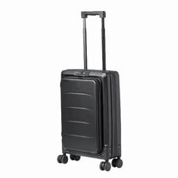 A luggage suitcase in black with four wheels and a retractable handle, featuring a sleek, hard-shell design.