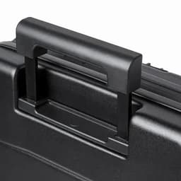 A black case featuring a sturdy handle, designed for secure transport and storage.