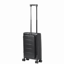 A black wheeled suitcase with a retractable handle and four wheels for easy movement. It features a sleek, streamlined design.