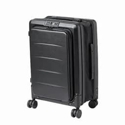 A black suitcase with a hard outer shell, equipped with wheels and a built-in combination lock.