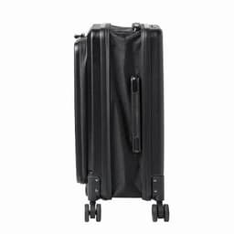 A black suitcase with a textured surface, featuring wheels and a side handle. It has a compact design.