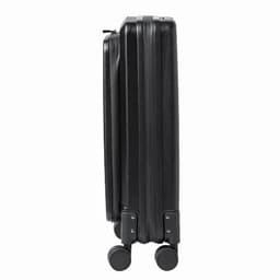 A black suitcase with a sleek design, featuring a sturdy exterior and two wheels for easy transport.
