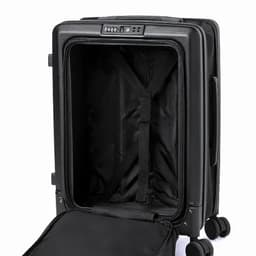 A black suitcase with a hard exterior, featuring a partially open zipper and an empty interior with straps.