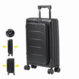 A black suitcase with a retractable handle and wheels, featuring a secure lock and a foldable design.