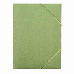 A green notebook with a textured cover and an elastic band closure. It has a simple, minimalist design.