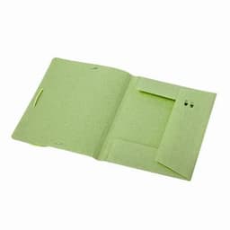 A green folder featuring an interior pocket and metal fasteners, designed for organizing documents.