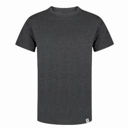 A grey T-shirt featuring a round neckline and short sleeves, with a small logo tag at the bottom.