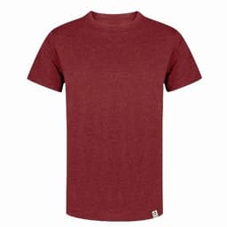 A maroon T-shirt with a classic crew neck design, featuring a small logo tag at the hem.