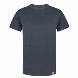 A plain navy blue T-shirt featuring a crew neck and short sleeves, with a small logo at the hem.