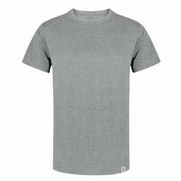 A grey t-shirt with a classic crew neck design and a logo on the hem.
