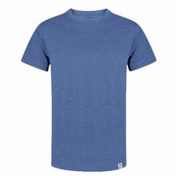 A blue short-sleeved t-shirt with a round neck and a small logo on the hem.