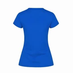 A blue women's T-shirt with a fitted design and short sleeves, featuring a logo on the back.