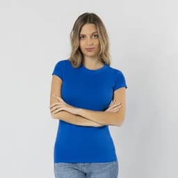 A blue women's t-shirt with short sleeves, featuring a fitted design and a logo.