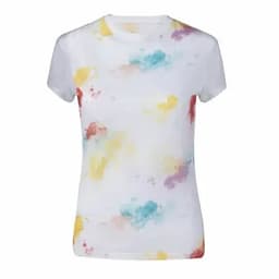 A short-sleeved women's t-shirt featuring a white base with a colourful abstract pattern in yellows, blues, and reds.