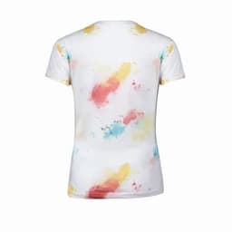 A t-shirt featuring a white base with a multicoloured splatter design in pink, yellow, and blue tones.
