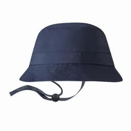 A navy bucket hat with a wide brim and adjustable chin strap. Features a smooth, water-resistant material.