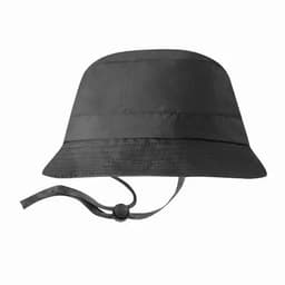 A black bucket hat with a wide brim and an adjustable chin strap. Features minimalistic design and lightweight fabric.