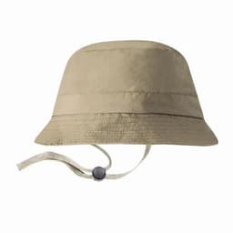 A bucket hat in a light khaki colour with a chin strap for secure fitting. Features a textured fabric design.