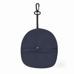 A drink bottle in a round navy blue carrying pouch with a hook for attachment. It features a snap-button closure.