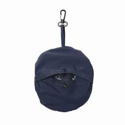 A navy blue compact bag with a hook, featuring a zippered compartment and button closure.