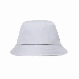 A bucket hat in a light grey colour, featuring a textured design and a wide brim. It has a logo on the side.
