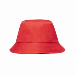 A red bucket hat with a wide brim and a textured finish. It features a simple design without embellishments.