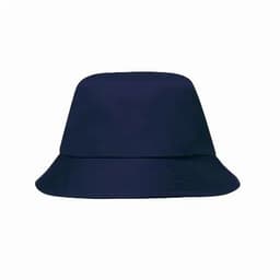 A bucket hat in navy blue with a wide brim and a rounded top, featuring a logo on the side.