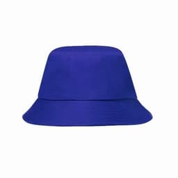 A blue bucket hat with a smooth texture and wide brim. It features a simple design without embellishments.
