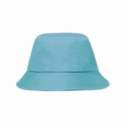 A bucket hat in a light blue colour with a simple design. It features a flat crown and a wide brim.