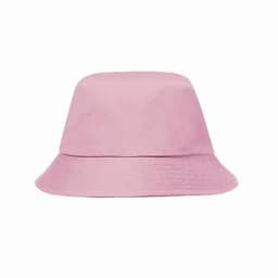 A bucket hat in a soft pink colour with a textured finish and a wide brim, featuring a logo.