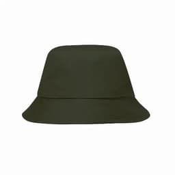 A bucket hat in a dark olive green colour, featuring a simple design and a wide brim.