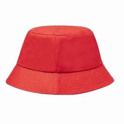 A red bucket hat with a wide brim and a soft, structured design. It features stitching around the base.