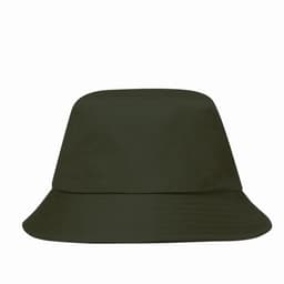 A bucket hat in dark green featuring a wide brim and a simple design. It has a smooth texture and no visible logos.