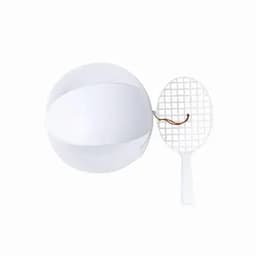 A white inflatable beach ball next to a white mesh racquet, both featuring a simple design.