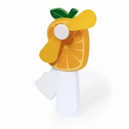 A novelty mini fan designed to resemble a slice of orange, featuring yellow blades and a white handle.