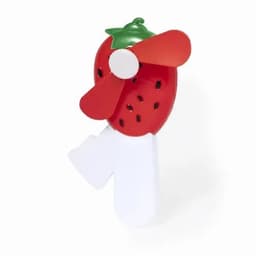 A strawberry-shaped handheld fan with a red propeller and a white handle. The design features strawberry details.