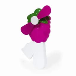 A drink bottle in vibrant pink and green, shaped like a fruit with a propeller top. It features a branding logo.