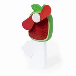 A fruit-shaped portable fan featuring a green apple body and red propellers, with a white base.