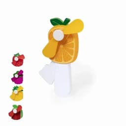 A fruit-shaped fan in orange with a green leaf, along with red, pink, and yellow versions displayed beside it.